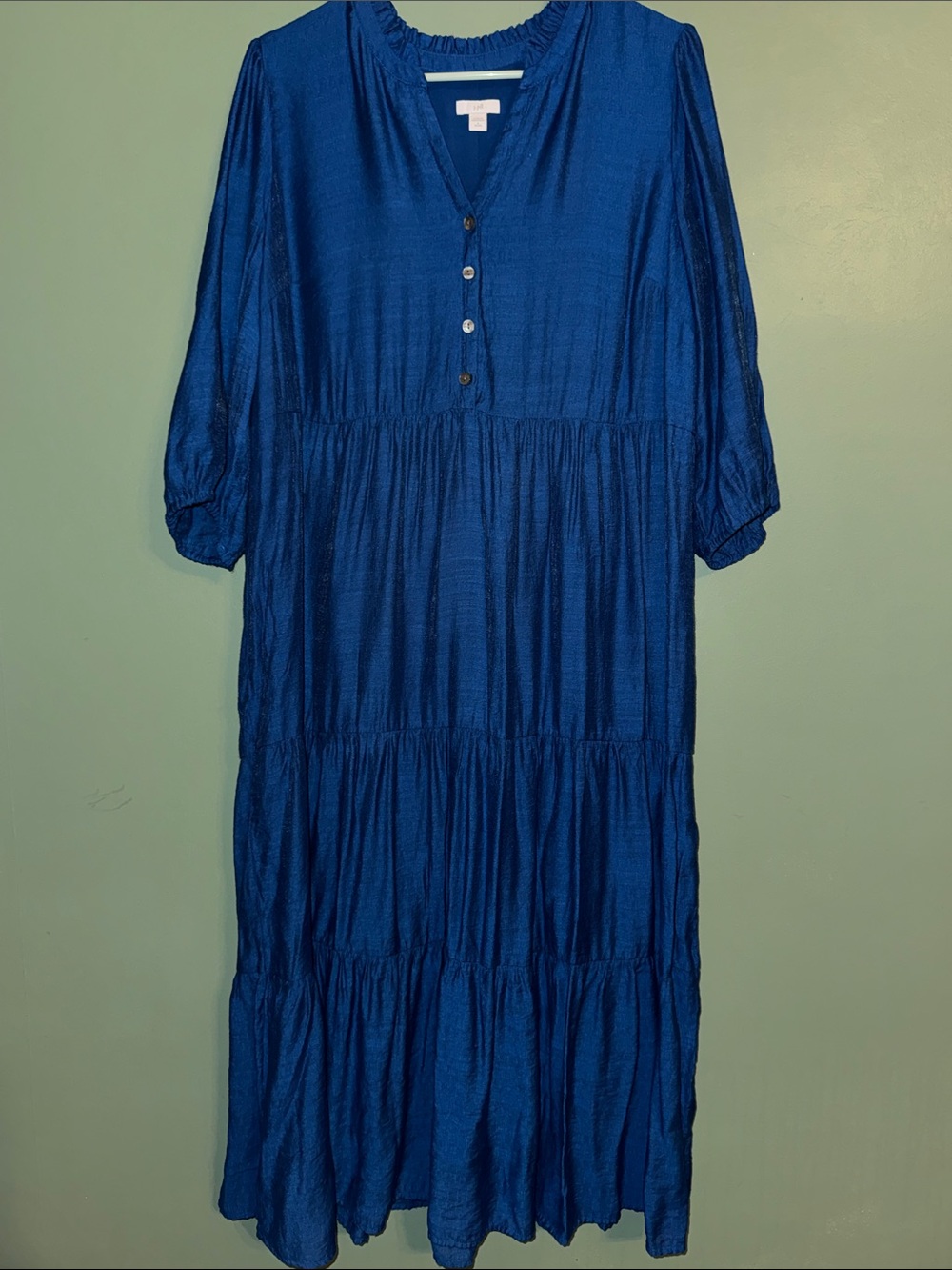 J. Jill Ruffled Neckline Tiered Maxi Dress 1/2 Sleeve Blue Ruffle Neckline Sz LP - Picture 2 of 8